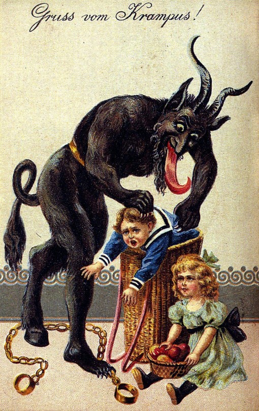 a leering Krampus shoves weeping children into a basket Gruss vom Krampus